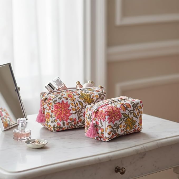 Quilted Floral Block Print Makeup Bag Set of 3 – Cotton Travel Toiletry and Makeup Organizer, Cosmetic Pouch, Toiletry Bag for Women, Cute Boho Coquette Make Up Bags for Women (Small, Medium, Large) - Image 8