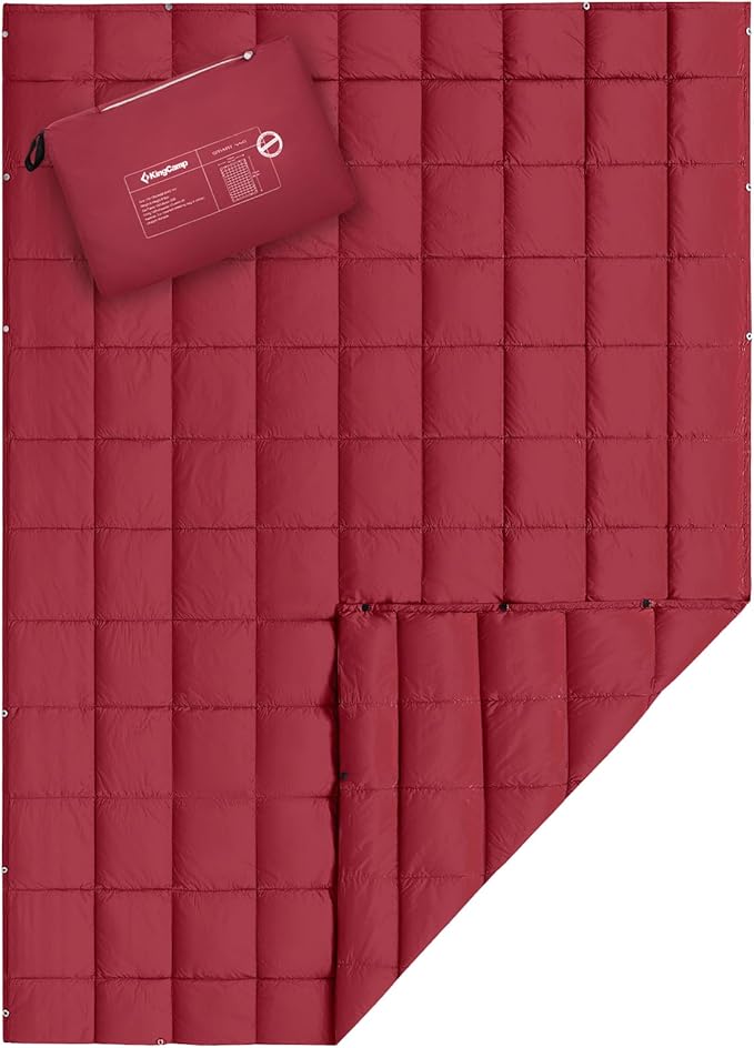 KingCamp Ultralight Camping Blanket, Packable Down Alternative Puffy Wearable Blankets Weatherproof Warm Package Quilt with Snap Buttons for Outdoor Hiking Travel, Picnic Stadium, (69" x 53" Crimson) by KingCamp