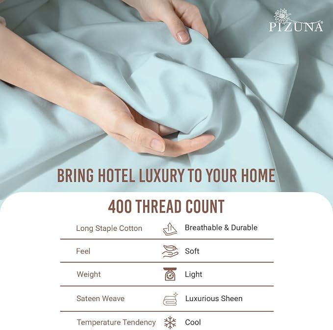 Pizuna Pure 100% Long-Staple Cotton Duvet Cover + Sheet Set Twin, Luxurious 400 Thread Count Long Staple Cotton, Soft Sateen Weave Bedding Set (Baby Blue) - Image 5