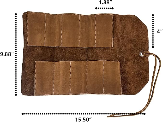 Hide & Drink, Rustic Small Tool Roll-Up Bag (10 Slots), Portable Carry-On Pouch, Workshop Storage, Woodworking Tools Organizer, Vintage, Full Grain Leather, Handmade, Swayze Suede - Image 6