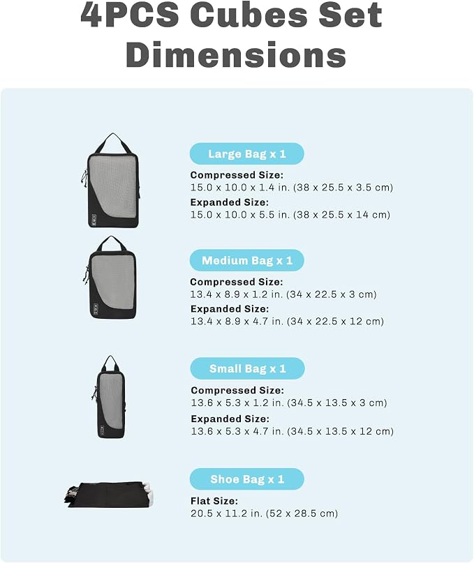 Hynes Eagle 6 Set/ 4 Set/ 2 Set Compression Packing Cubes Travel Essentials Lightweight Nylon Luggage Suitcase Organizer Bag Black 4PCS - Image 2