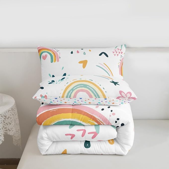 Cartoon Rainbow Comforter Set Twin, Iridescent Girly Quilt For Kids Boys Girls Women Bedroom Decor, Kawaii Flower Duvet Insert Love Heart Floral Bedding Set Rainbow Cloud Down Comforter,Colorful - Image 7
