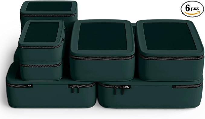 NOBL Travel Compressible Packing Cubes Set, 6 Pieces Travel Packing Organizers, Compression Luggage Cubes for Suitcases & Carry On, Space Saving (XXS, XS, S, M, L, XL) - Forest Green by NOBL