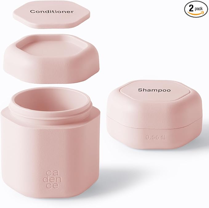 Cadence Travel Containers - 2 Piece Haircare Set - Magnetic Travel Capsules - For Shampoo, Conditioner, Hair Styling Product - 1 Small & 1 Medium Capsule - Shampoo & Conditioner Labels - Petal by KeepYourCadence
