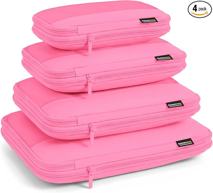 4 Piece Compression Packing Cubes for 3–7 Day Travel, Space Saving Travel Organizers with Breathable Mesh, Double-Zipper Packing Cubes for Carry-On & Suitcases (Pink) by SOARSAIL