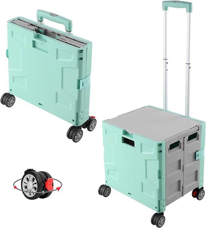 FELICON Folding Utility Cart Rolling Crate Handcart Basket Tote-Green+Gray | Collapsible Hidden Lid,Plastic Box,Telescoping Handle,4 Rotate Wheels for Travel Shop Move Grocery Laundry Office Teacher Use by FELICON