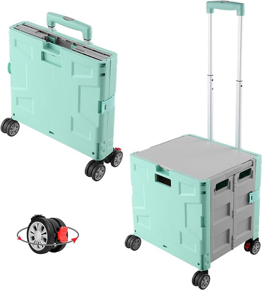 FELICON Folding Utility Cart Rolling Crate Handcart Basket Tote-Green+Gray | Collapsible Hidden Lid,Plastic Box,Telescoping Handle,4 Rotate Wheels for Travel Shop Move Grocery Laundry Office Teacher Use by FELICON