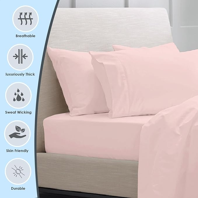 Pizuna Pure 100% Luxury Cotton King Size Pillow Case Light Pink, 1000 Thread Count 100% Long Staple Cotton Sateen Pillowcase, Pillow Covers with Stylish 4" Hem (Combed Cotton King Pillowcase) - Image 2