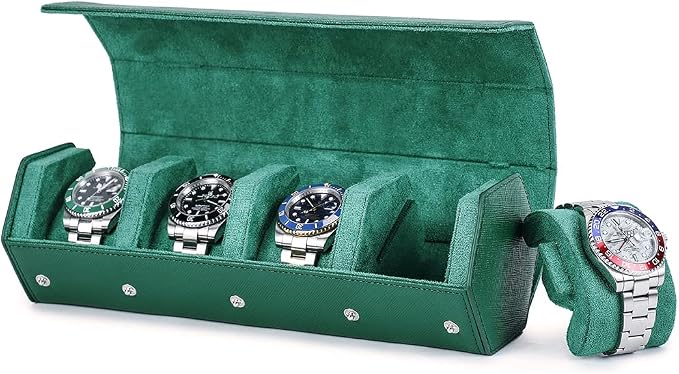Hiram Genuine Leather Saffiano Leather Watch Roll Travel Case, Leather 4-Watches Roll Case for Treasured Watches and Bracelets(Green) by Hiram