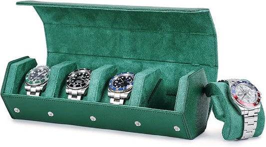Hiram Genuine Leather Saffiano Leather Watch Roll Travel Case, Leather 4-Watches Roll Case for Treasured Watches and Bracelets(Green) by Hiram