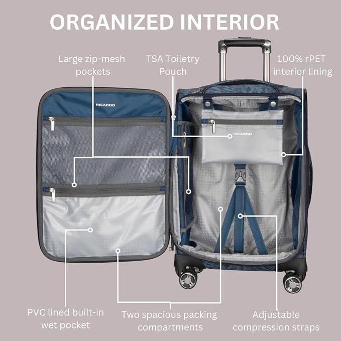 Ricardo Beverly Hills Avalon Softside Carry-On Luggage Made with Sustainable 100% Recycled PET (rPET), Lightweight, Eco-Friendly Travel, Expandable, Dual Spinner Wheels, Serengeti Night, 20-inch - Image 4