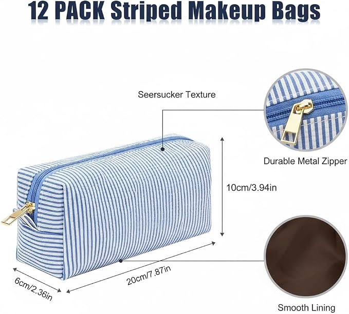 12 PACK Makeup Bags-Bulk Seersucker Cosmetic Bag for Women Bridesmaid Gifts Makeup Pouch for Wedding Party Favors Bachelorette Party Decorations Travel Toiletry Organizer Graduation Gifts(12, Blue) - Image 2