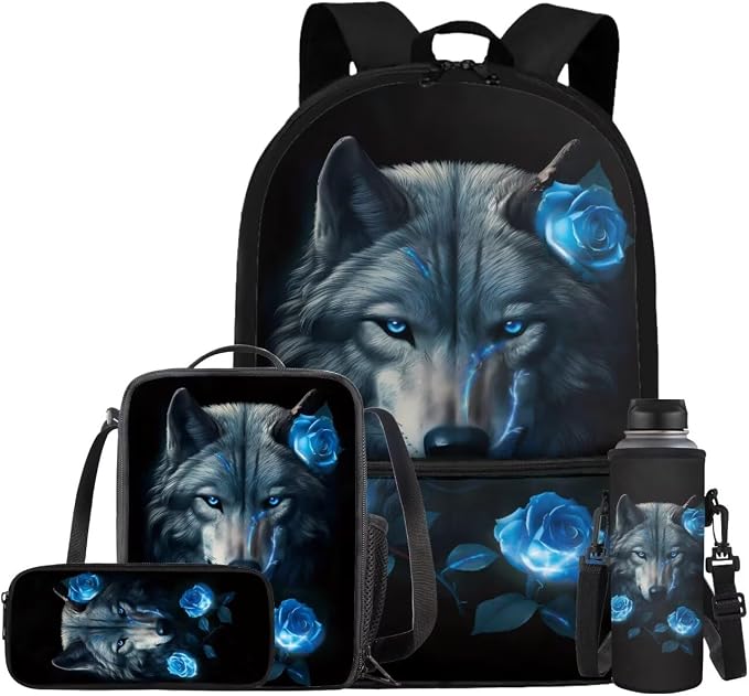 Wolf Backpack for Girls Kids Backpack with Lunch Box Water Bottle Pouch and Big Pencil Case 4PCS Set Bookbag with Front Pocket for School Teens 17" Large Capacity School Bag with Side Pocket by ELEDIZI