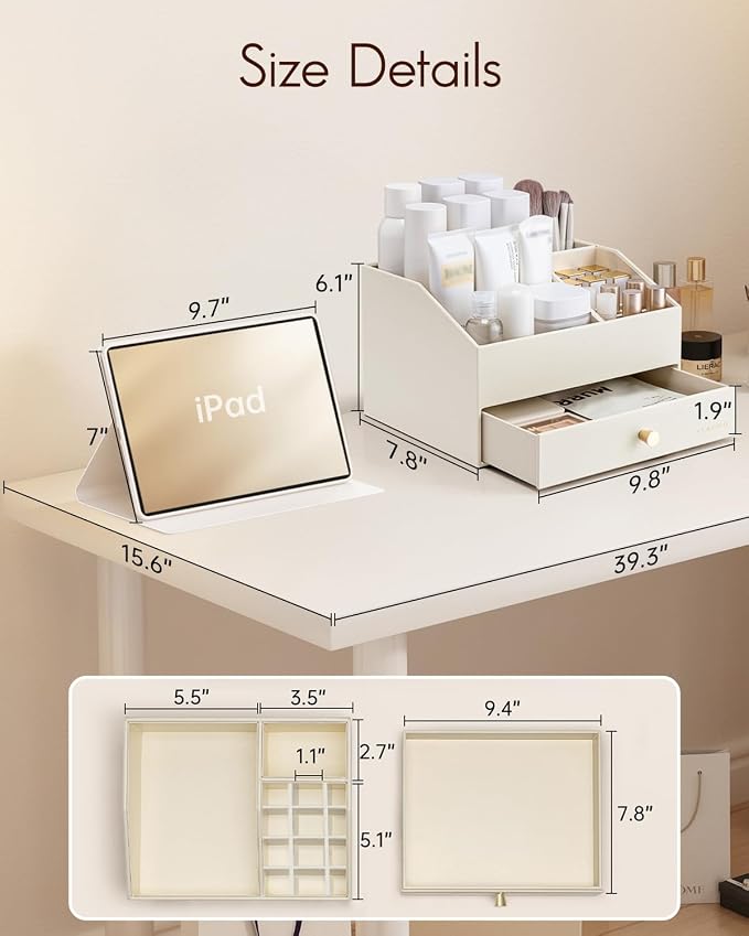 VLANDO Makeup Organizer,Vanity Organizer with Drawers, PU Leather Skincare Organizer Perfume Organizer,Large Cosmetic Display Case for Lipstick,Brushes Gifts for Women-Beige - Image 3