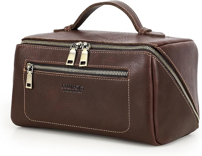 CONTACTS Full Grain Leather Travel Toiletry Bag for Men Large Wash Bag with Handle Bathroom Shaving Dopp Kit Toiletries Organizer Vintage Cosmetic Bag by CONTACTS