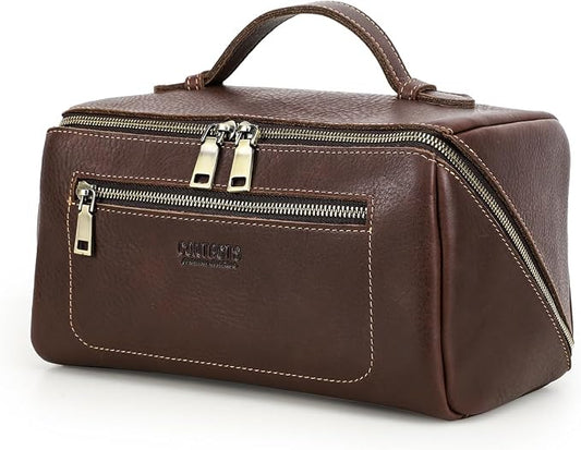 CONTACTS Full Grain Leather Travel Toiletry Bag for Men Large Wash Bag with Handle Bathroom Shaving Dopp Kit Toiletries Organizer Vintage Cosmetic Bag by CONTACTS