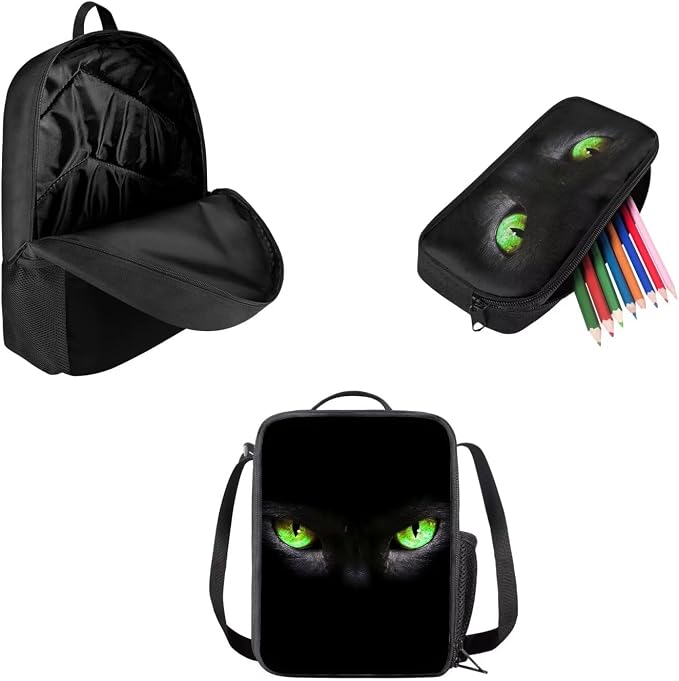 Mumeson Black Cat 3 Piece Kids Backpack Middle High School Bag Set with Lunch Box Pencil Case 3 in 1 Bookbag Set for Boys Girls,Large Capacity Travel Daypack Rucksack - Image 2