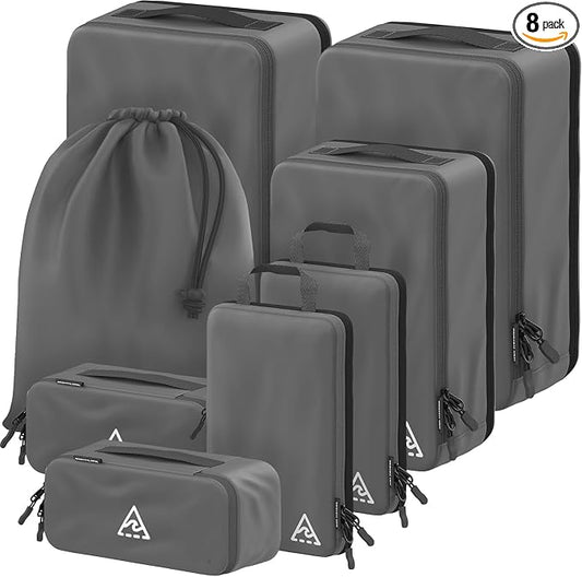 Well Traveled 8 pcs Compression Packing Bags Cubes Set with HybridMax Double-Capacity Design - Packing Cubes for Travel Compression to Maximize Limited Luggage Space, Grey by WellTraveled