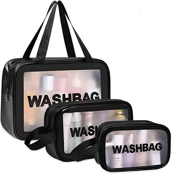 Washbag Toiletry Kit Organizer for Travel – Waterproof Cosmetic & Makeup Pouch Set of 3 (Large, Medium, Small) – Transparent Travel Wash Bag for Men & Women, BLACK, Unisex Style – Perfectly designed by Unknown