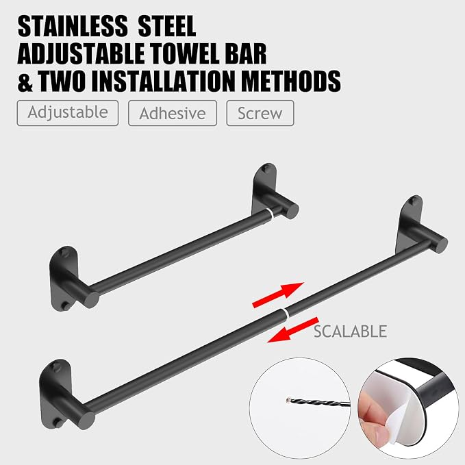 Towel Bar, Adjustable 14.4inch - 25.2inch Towel Rack, Self Adhesive Wall Mounted for Bathroom Kitchen Hand Towel Holder Cloths Hanger 304 Stainless Steel Organizer Single Bar (2, Matte Black) - Image 2