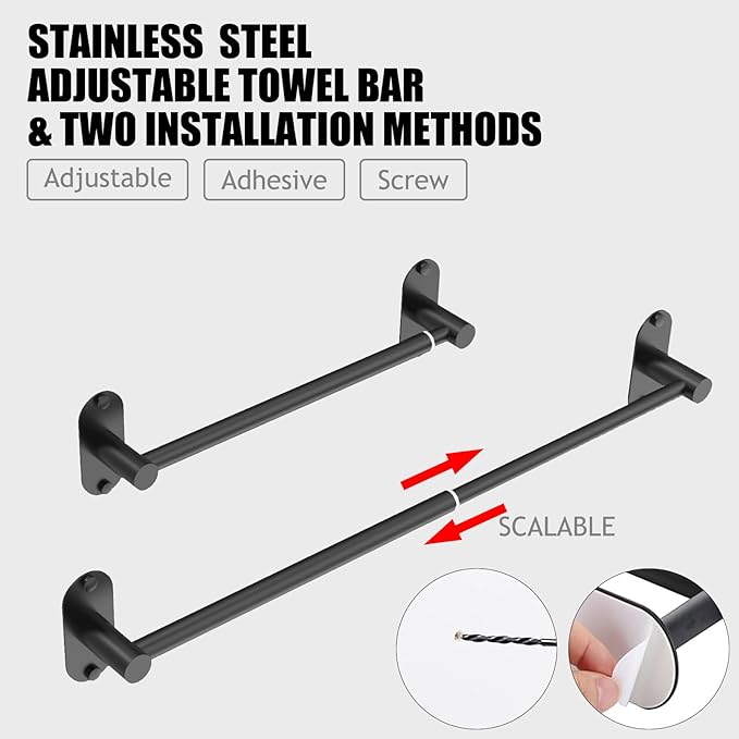 Towel Bar, Adjustable 14.4inch - 25.2inch Towel Rack, Self Adhesive & Wall Mounted for Bathroom Kitchen Hand Towel Holder Cloths Hanger 304 Stainless Steel Single Bar (3, Matte Black) - Image 3