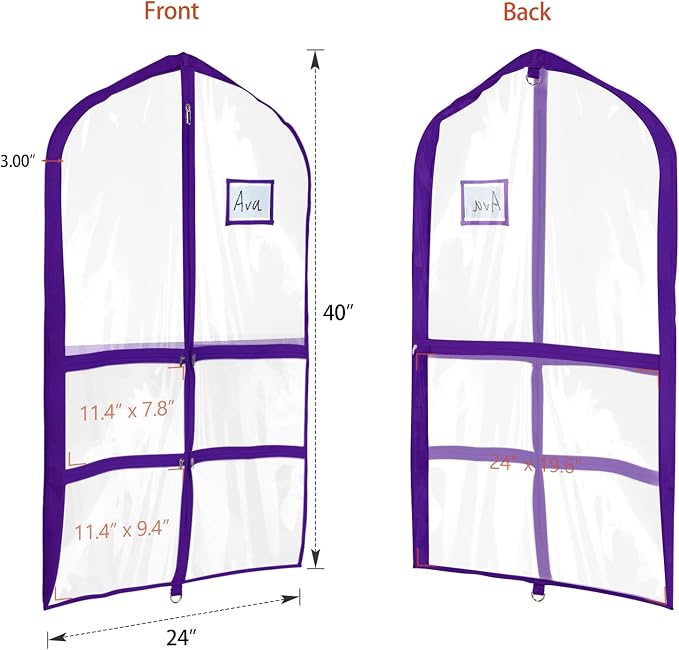 Univivi Clear Purple PVC Dance Costume Bags Garment Bag 40 Inch for Dance Competitions, with 4 Medium Clear Zipper Pockets and 1 Large Back Zippered Pocket [Upgraded Version] (40'' x 24'' 6 Pack) - Image 2