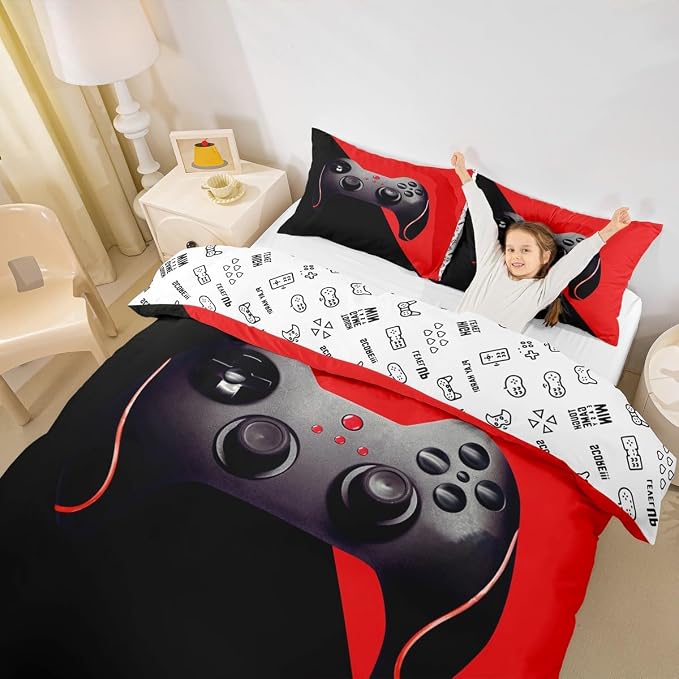Games Duvet Cover Boys Kids Gamepad Bedding Set Video Game Controller Room Decor Comforter Cover for Teen Girls Player Modern Gamer Console Bedding,1 Duvet Cover with 2 Pillow Cases,Full,Black Red - Image 2