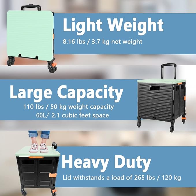 Quick Utility Cart Folding Portable Rolling Crate Handcart with Lid with Durable Heavy Duty Plastic Telescoping Handle Collapsible 4 Rotate Wheels for Travel Shopping Moving Luggage Office Use-Green - Image 4