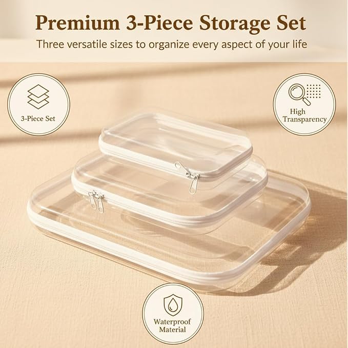 RAINPOT Clear Hard Shell Zipper Case Set – Stackable Multi-Size Organizer Bags for Travel, Toiletries, Cosmetics, Toys & Electronics – Durable Water-Resistant PET Storage Pouches (3PC - S+M+L) - Image 2