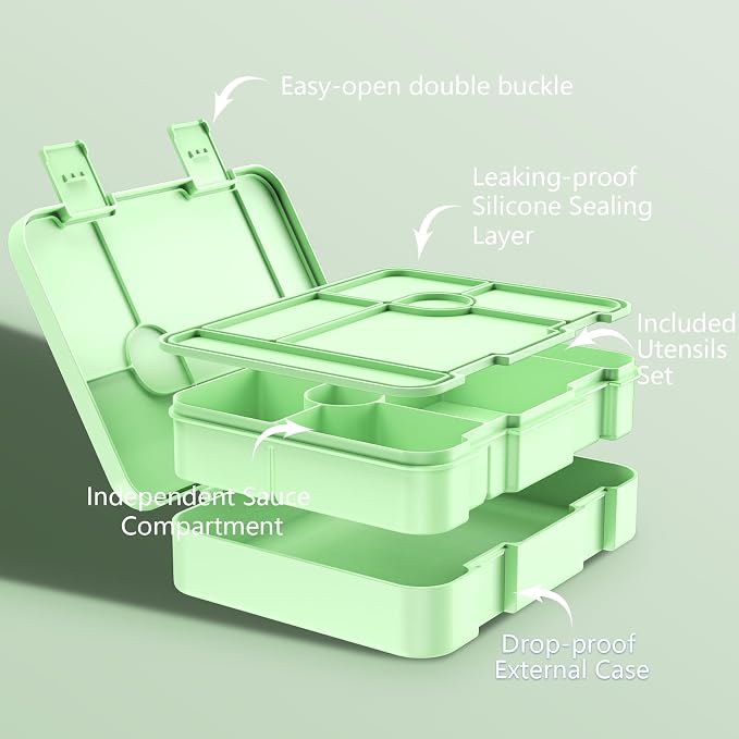 ACESAK Girls Backpack - Bento Box with Insulated Lunch Bag Pencil Case & Utensils Set for Kids, 6 Leakproof Compartments Removable Tray Lunches or Snack Container for School (Green) - Image 5