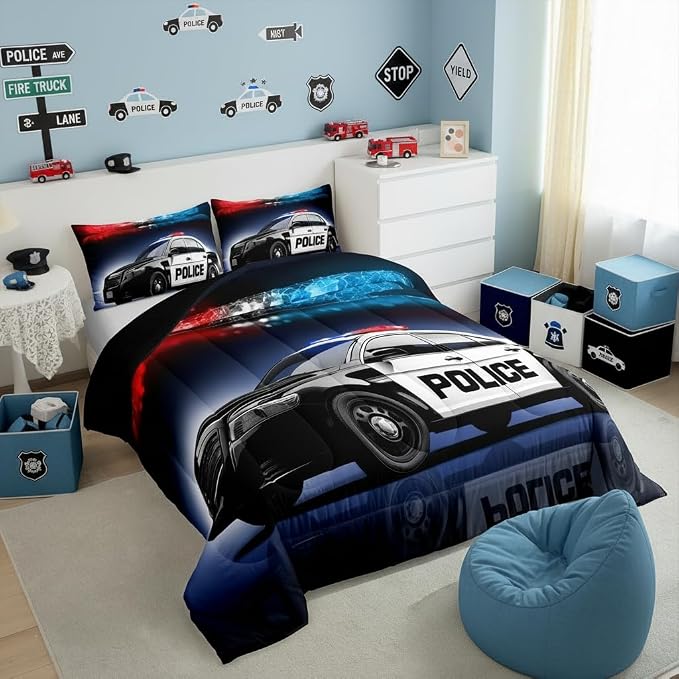 Erosebridal Police Car Comforter Sets Full Size,Policeman Vehicle Bedding Set for Kids Boys Children,Red Blue Cop Lights Down Comforter Geometric Graphics Duvet Sets Bedroom Decor with 2 Pillow Cases - Image 4