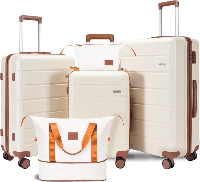 5 Piece 20" 24" 28" ABS Hardside Luggage Set, Lightweight Suitcase with TSA Lock & Smooth Spinner Wheels for Weekend and Air Travel (20/24/28/DB/TB Beige) by VoytraLuggageSuitcase