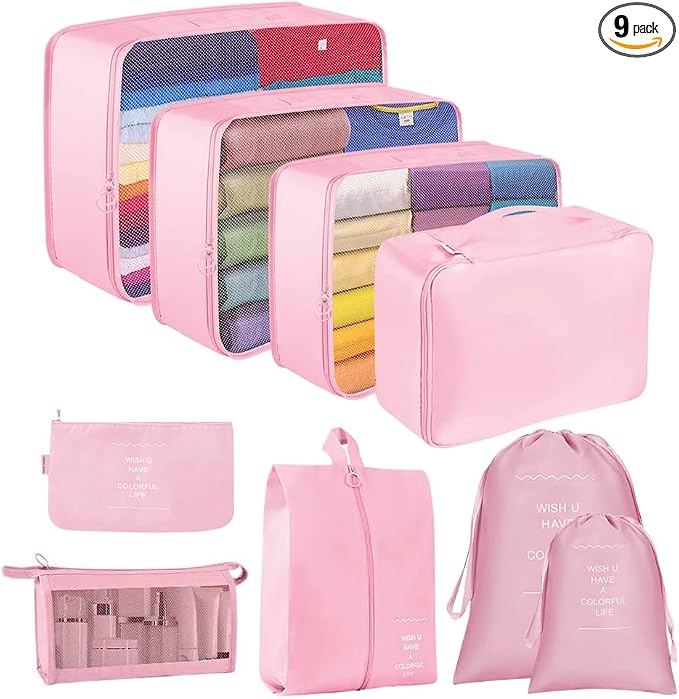 Packing Cubes for Suitcase,Lychico 9pcs Travel Luggage Packing Organizers Waterproof Travel Essentials Bag Clothes Shoes Storage Bags, Pink by Lychico