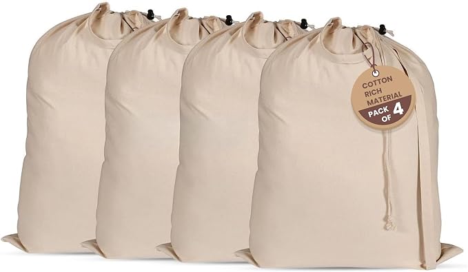 LFH Home Large Premium Cotton Rich Canvas Laundry Bag with Drawstring and Handles Heavy Duty, Multi-Use, and Washable for Home, Travel, College or Storage 20x30 (Pack of 4)-Natural by LFHHomePrivateLimited