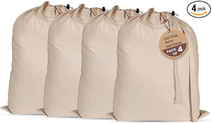 LFH Home Cotton Rich Canvas Extra Large Laundry Bag with Drawstring and Handles Heavy Duty, Multi-Use, and Washable for Home, Travel, College or Storage 24x36 (Pack of 4)-Natural by LFHHomePrivateLimited