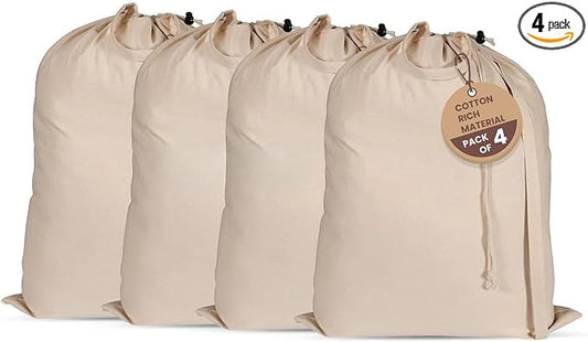 LFH Home Cotton Rich Canvas Extra Large Laundry Bag with Drawstring and Handles Heavy Duty, Multi-Use, and Washable for Home, Travel, College or Storage 24x36 (Pack of 4)-Natural by LFHHomePrivateLimited