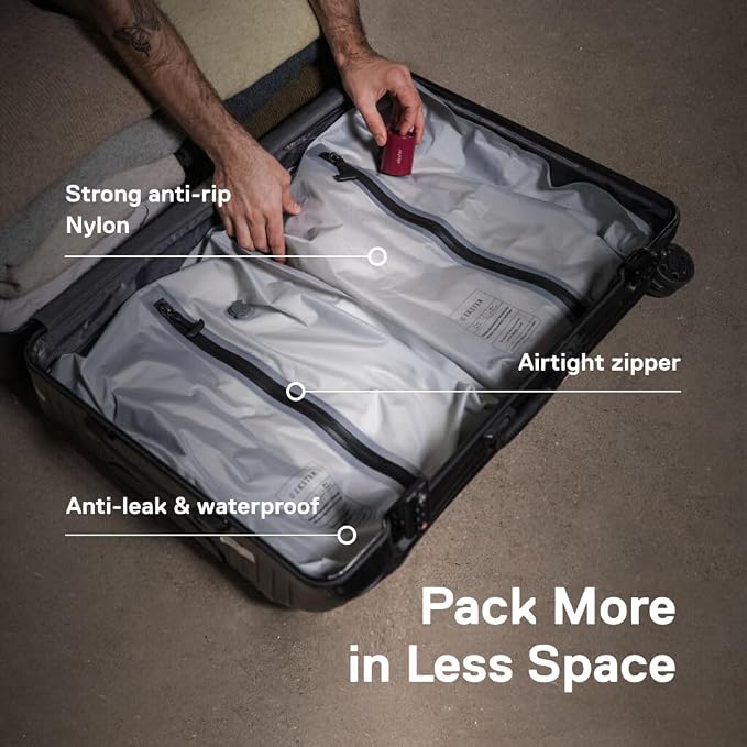 Ekster Travel Pack Vacuum Kit - Travel Vacuum Bags with Pump - Odor & Waterproof Anti-Rip Nylon Compression Bags - Space Saver Vacuum Storage Bags - Wireless Vacuum Pump for 15+ Items - 4Pack - Image 3