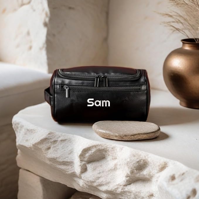 GOPHIE Personalized Embroidered Men's Leather Toiletry Bag,Travel Toiletry Bag for Men,PU Leather Waterproof Travel Shaving Dopp Kit (1, Black) - Image 4