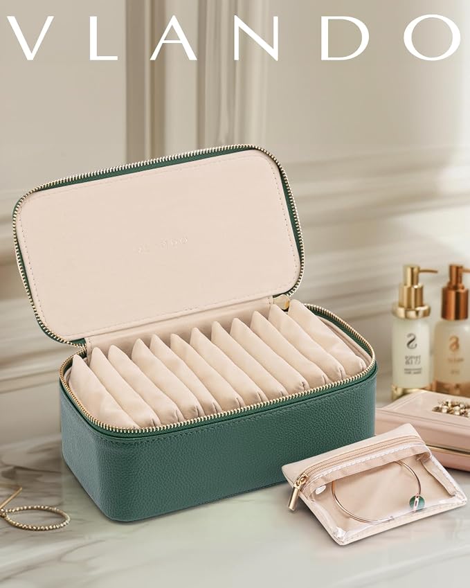 VLANDO Jewelry Travel Case,Travel Jewelry Organizer with Clear Velvet Jewelry Bags Zipper Pouch for Women Girl Gift-Green 12Pcs - Image 7