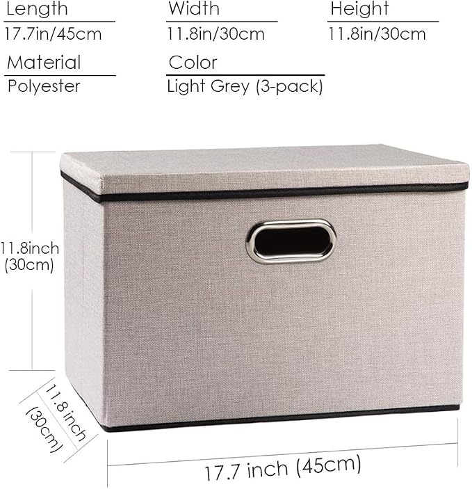 PRANDOM Large Foldable Storage Bins with Lids [3-Pack] linenFabric Decorative Storage Boxes Organizer Containers Baskets Cube with Handles Divider for Bedroom Closet Office Light Grey(17.7x11.8x11.8) - Image 6