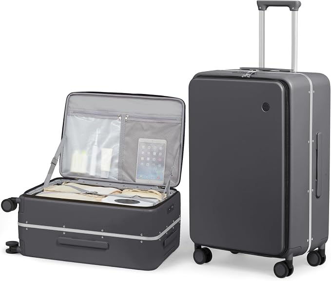 mixi 24 Inch Checked Luggage PC Hard Shell Suitcase Top Opening Aluminum Frame Travel Suitcases with Wheels, Rock Gray by MIXI