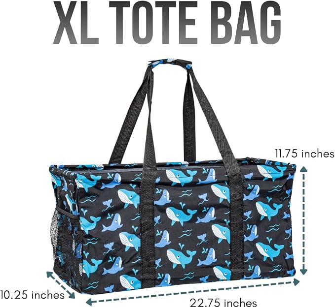 Extra Large Utility Tote Bag - Oversized Collapsible Reusable Wire Frame Rectangular Canvas Basket With Two Exterior Pockets For Beach, Pool, Laundry, Car Trunk, Storage - Whale - Image 4