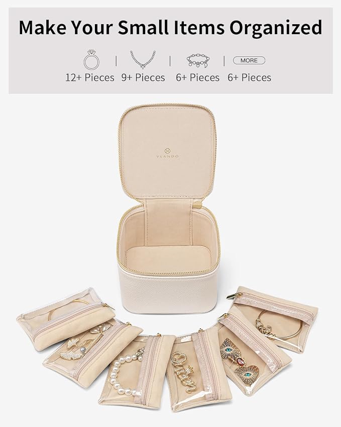 VLANDO Travel Jewelry Organizer Case with 6 Clear Velvet Zipper Pouches, Faux Leather Jewelry Storage Box for Rings, Earrings, Necklaces and Bracelets, Gift for Women - Image 2