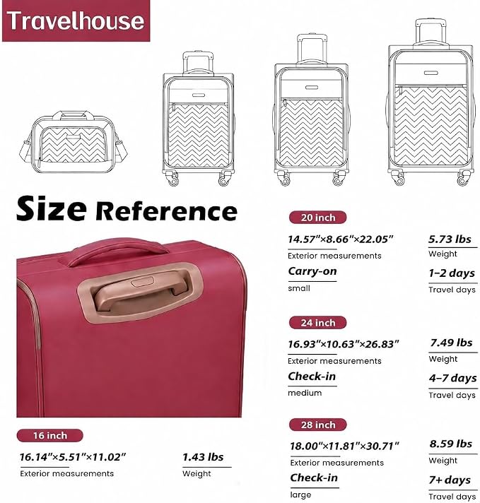 Travelhouse 4-Piece Softside Luggage Set with Spinner Wheels | Lightweight expandable suitcases: 16" underseat duffel bag + 20" carry-on + 24" + 28" checked - Image 3