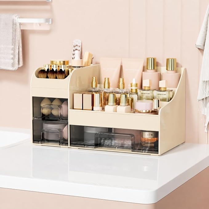 Makeup Organizer with Drawers,Large Cosmetic Storage Box,Countertop Skincare Organizer,ABS Makeup Brush Holder for Bathroom,Desk,Dresser,Multifunctional Beauty Display Case,Cream transparent - Image 2