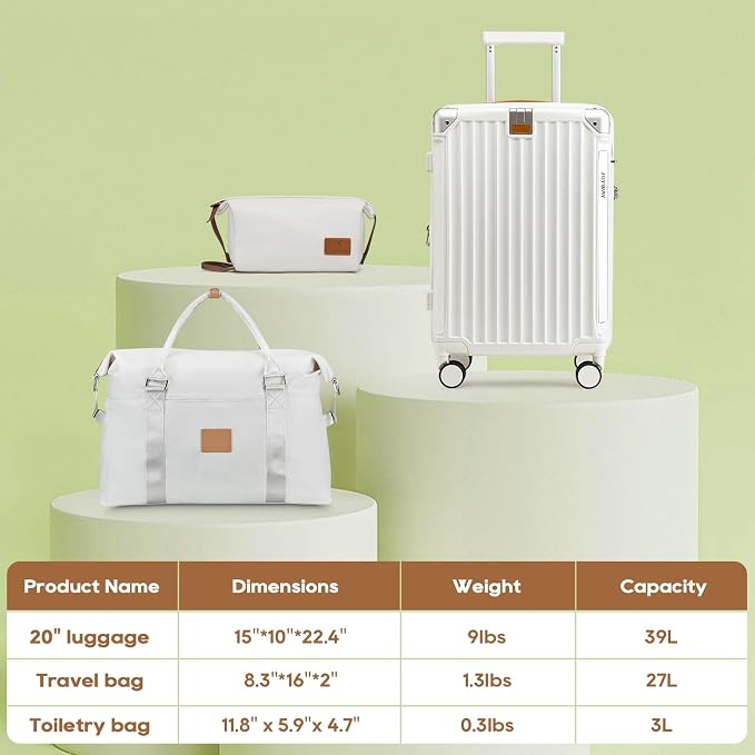 Joyway 20in Carry On Luggage with Cup Holder and USB Port, 25% Expandable Capacity, Smart Suitcase with Anti Slip Wheels and Handbag, Perfect for Men and Women 3 Piece Set White - Image 5