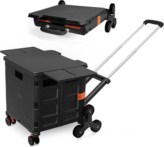 Foldable Utility Cart Portable Crate Rolling Dolly with Telescopic Handle,Can be Pulled diagonally, Magnetic Retractable Lid, 360°Swivel Climbing Wheels for Shopping Carrying Groceries Move Black by FELICON