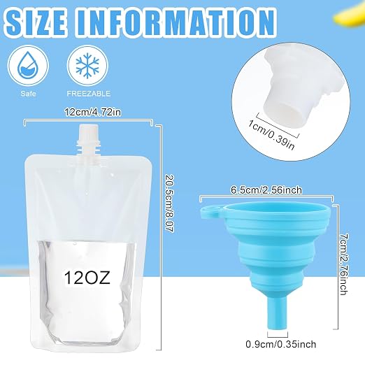 Patelai 150 Pieces Plastic Liquid Pouch Reusable Juice Pouches Travel Water Leak Proof Bags Bulk with Collapsible Silicone Funnel for Travel Outdoor (12 oz) - Image 4