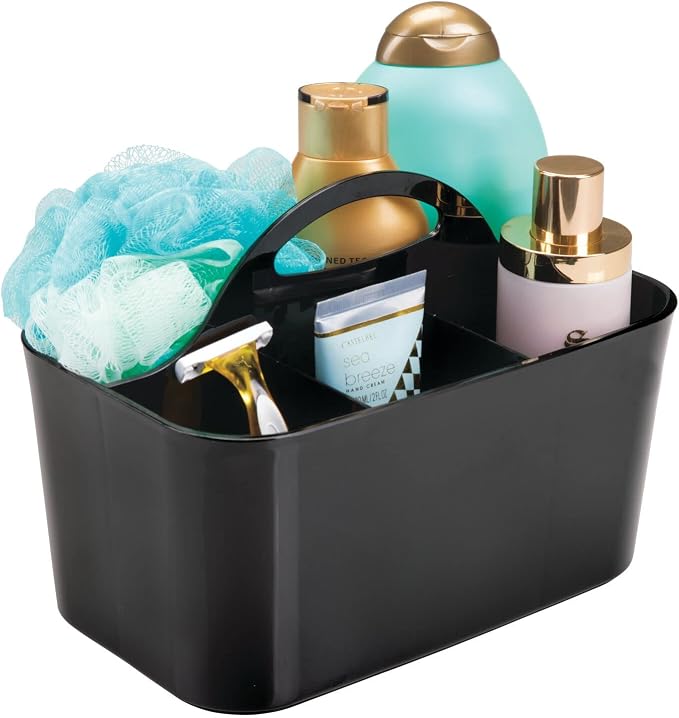 mDesign Small Plastic Shower/Bath Storage Organizer Caddy Tote with Handle for Dorm, Shelf, Cabinet - Hold Soap, Shampoo, Conditioner, Combs, Brushes, Lumiere Collection, Black - Image 7