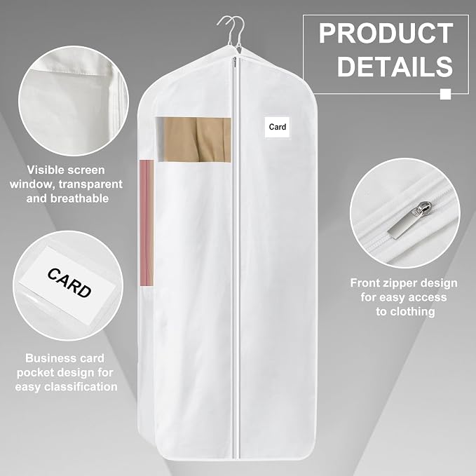 2 Pcs 58" 100% Organic Cotton Garment Bags for Hanging Clothes and Storage, Breathable Clothes Covers with Viewing Window and Card Pocket for Short Dresses, Jackets, Suits - Image 4